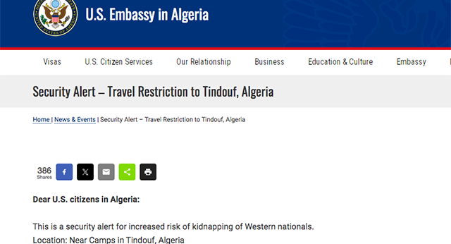 L’ambassade américaine en Algérie met en garde ses ressortissants contre tout déplacement à Tindouf